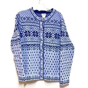 Vintage LL Bean Cardigan Nordic Fair Isle Blue Bird s eye Snowflake Sweater Sz L